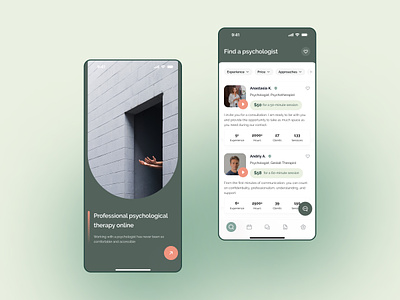Sleek Psychological Therapy App Interface add to favorites app branding cards ui colors composition design figma floating action button ios app ios gui mobile app nav bar psychological therapy psychologist therapy online typo typography ui uiux design