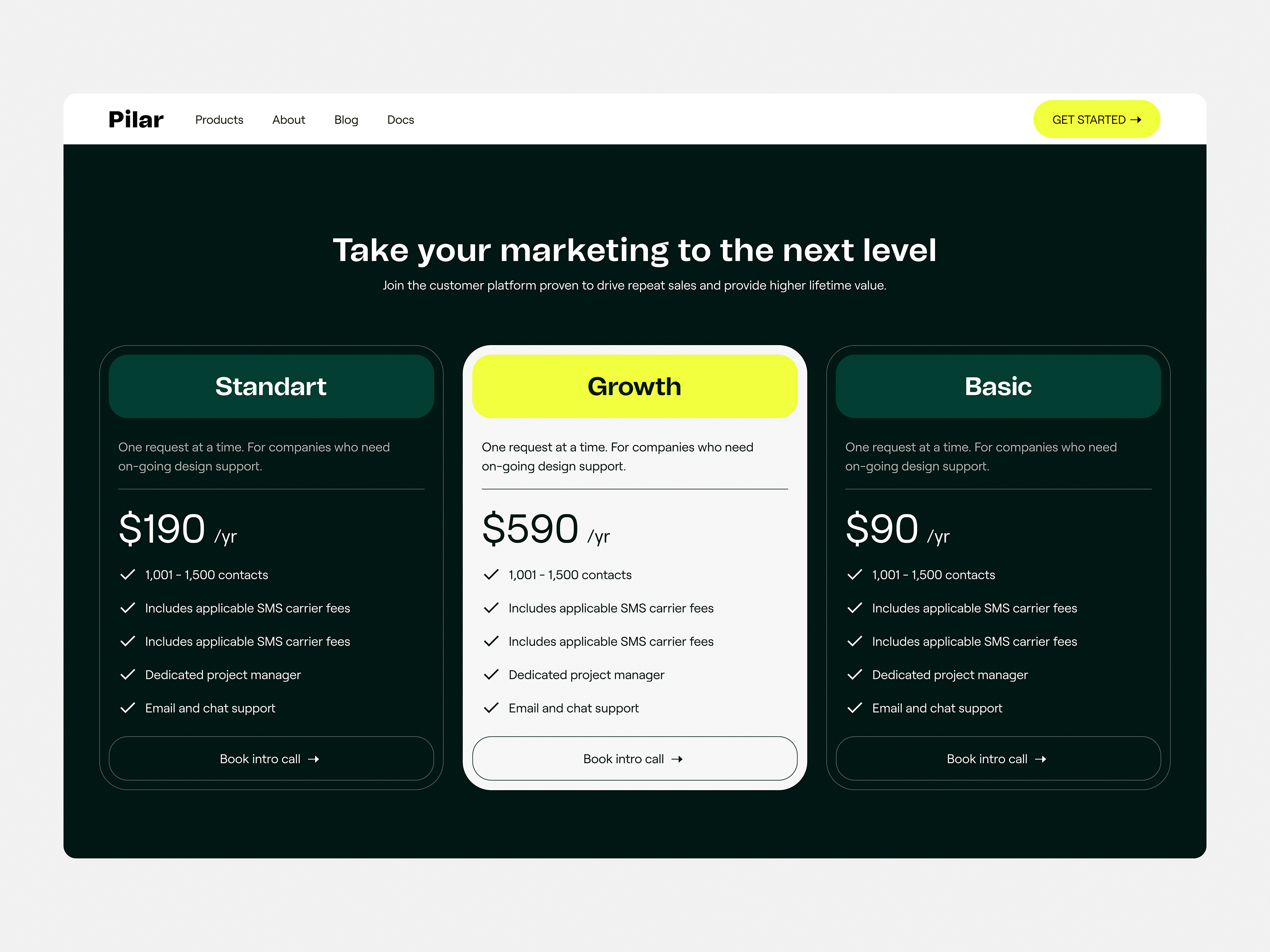 Pilar Pricing Page basic card green growth marketing neon pricing pricing page service design standart ui