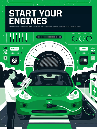 Start your engines (Consumer Reports / New Cars) auto car electric ev illustration infographic
