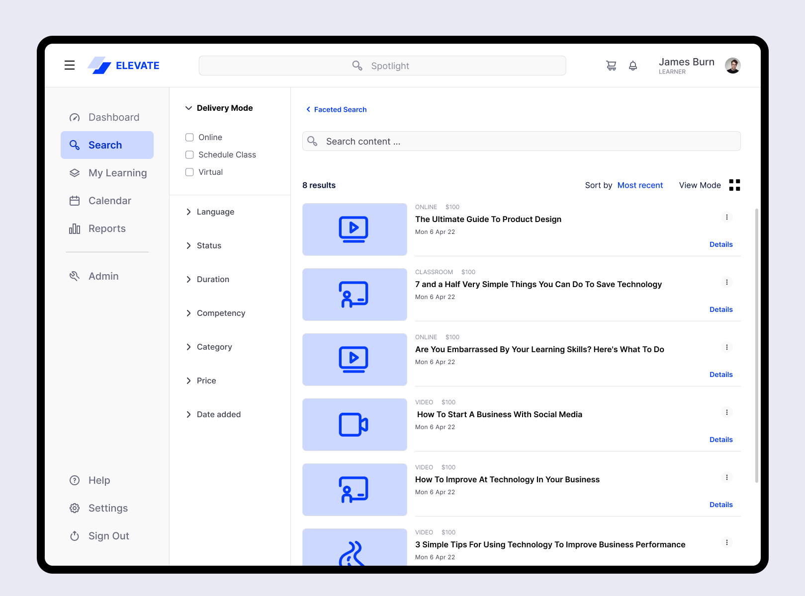 Search Module - UI/UX course catalog faceted search interaction design learning experience platform learning management system lms lxp search catalog search module ui uiux ux