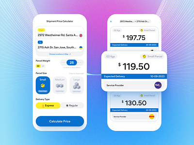 Shipment Price Calculator blue and yellow ui calc calculator choose location daily ui dailyui dailyui004 delivery delivery interaction design dribbble gradient interaction minimal minimal cards minimal interaction shipment ui ux vibrant ui