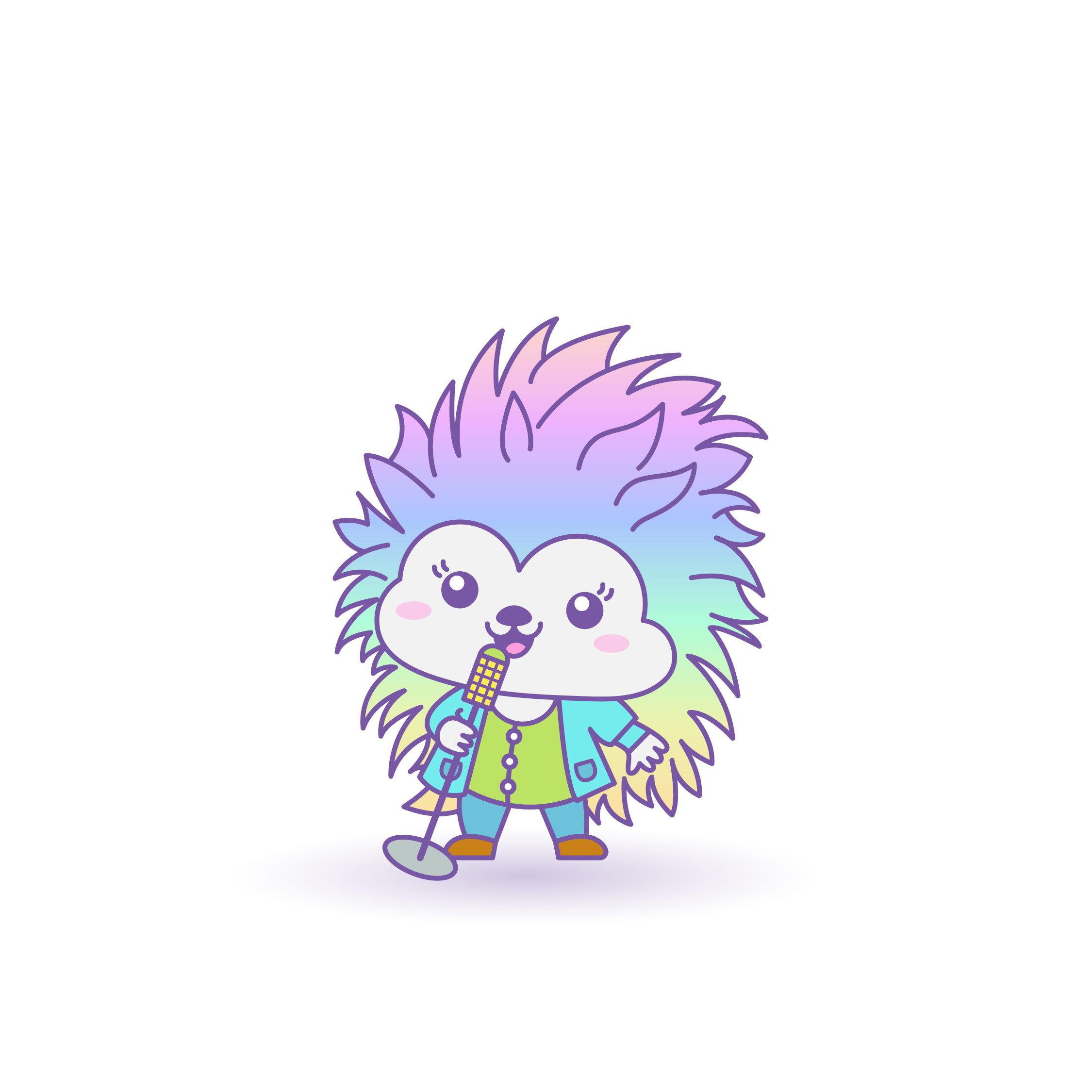 Fofo the Hedgehog animal cartoon cartoon character cartoon illustration cute illustration cuteart gradients hedgehog illustration kawaii microphone neon pastel song stage