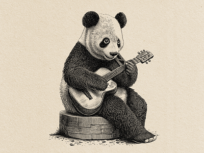 Engraving Illustration of a Panda Playing Guitar badge design black and white illustration branding design emblem design engraving illustration illustration label design logo vintage illustration