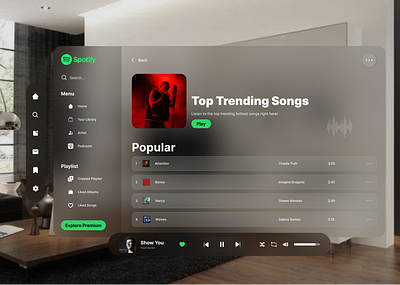 Spotify Spatial Design apple glass glass effect glassmorphism music player shawn mendes show you show you song spatial design spotify spotify for vision pro spotify glassmorphism ui ui design uiux ux ux design vision pro web web design