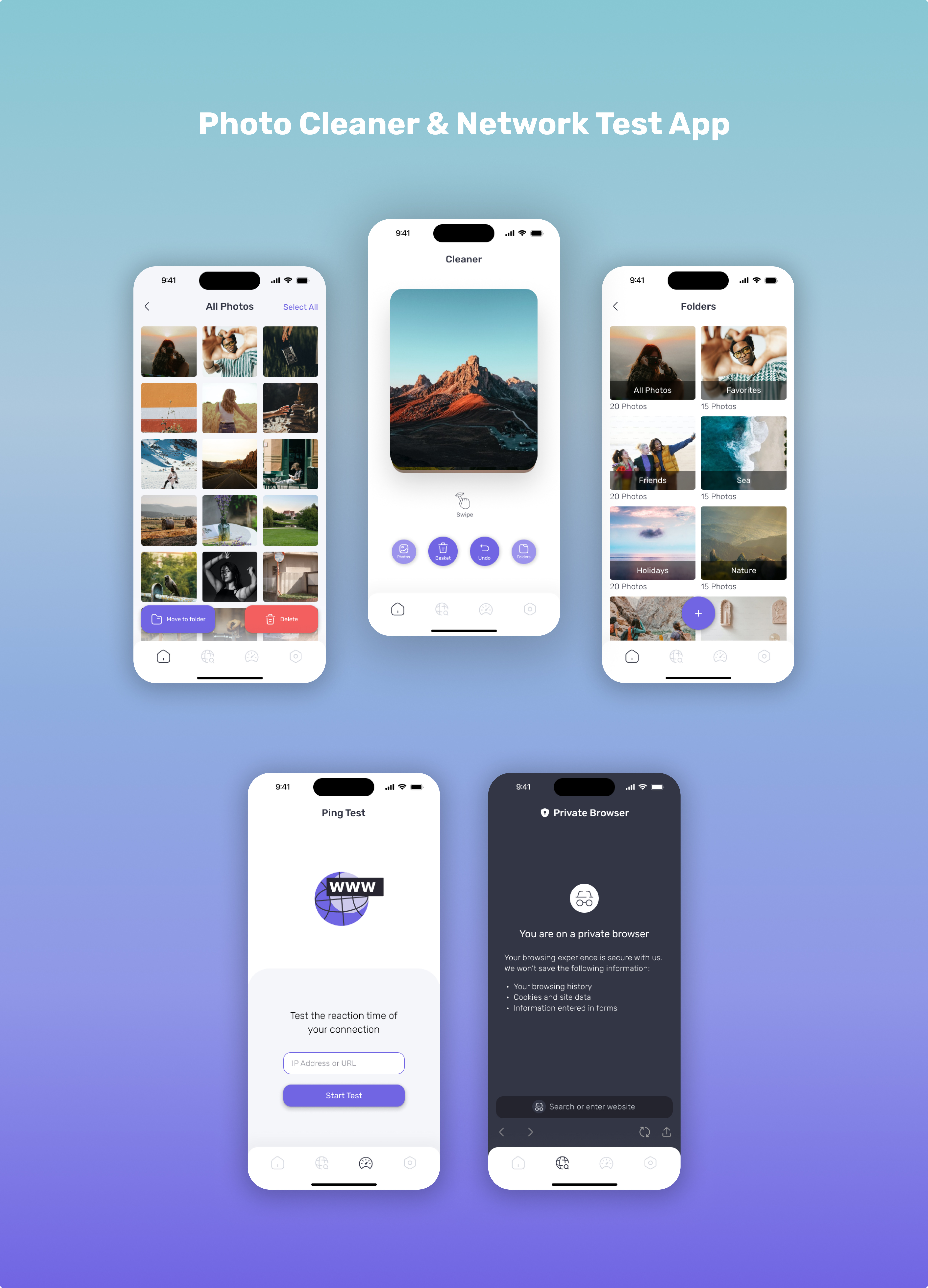 Photo Cleaner & Network Test iOS App Design app app design design figma illustration logo mobile app ui ui design uiux user interface ux ux design