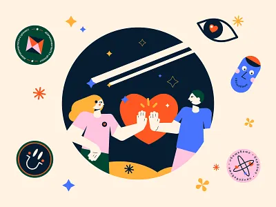 TimeHeros Illustration 02 branding character clap diamond eye figma graphic design hands heart illustration man night smile star stars sticker stickers vector website woman