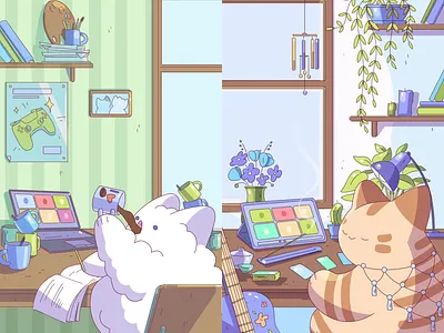 Purrfect productivity kittens 2D animation anime cartoon cat cat animation coffee college cute character dorm education illustration lofi lofi animation mascot meditation motion graphics remote students study zoom zoom call