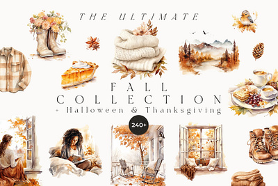 Watercolor Autumn & Halloween & Thanksgiving autumn babies clipart cozy autumn design fall fall collection food essentials graphics halloween home and scenery illustrations men people pumpkins thanksgiving watercolor women woodland animals pets
