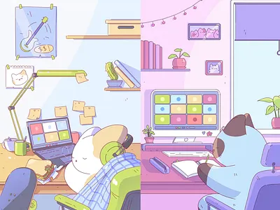 Purrfect productivity kittens 2D animation 2d illustration animation cartoon cartoon cats cat cat animation character animation college cute character dorm lofi lofi animation mascot motion graphics online study remote room students study zoom call