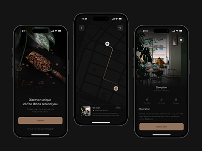 Find your perfect brew: Coffee shop finder mobile app - iOS adobexd app cafe coffee coffee shop colombia dark darkmode figma map mobile app onboarding starbucks ui uidesign uiux ux uxdesign uxui