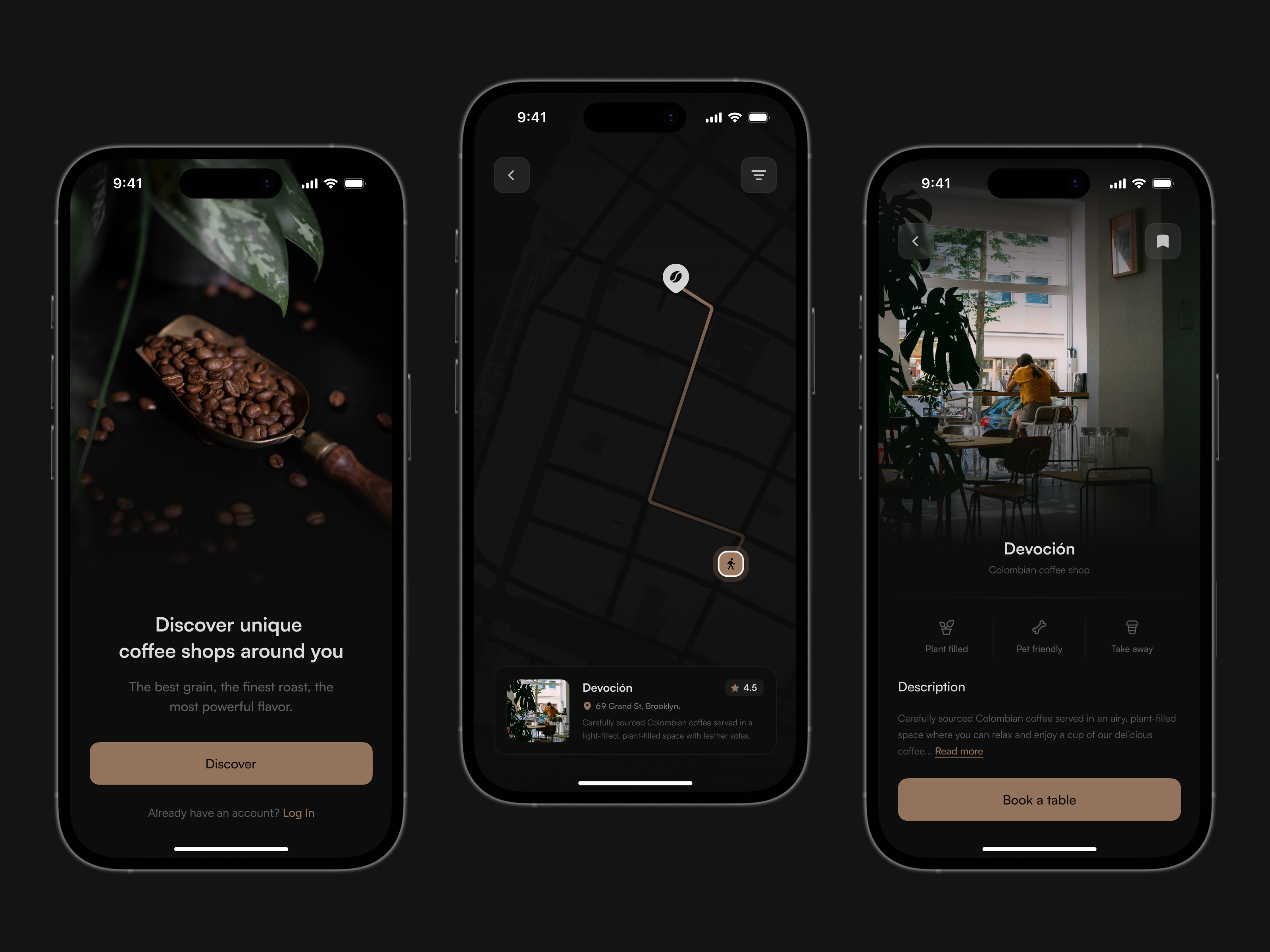 Find your perfect brew: Coffee shop finder mobile app - iOS adobexd app cafe coffee coffee shop colombia dark darkmode figma map mobile app onboarding starbucks ui uidesign uiux ux uxdesign uxui