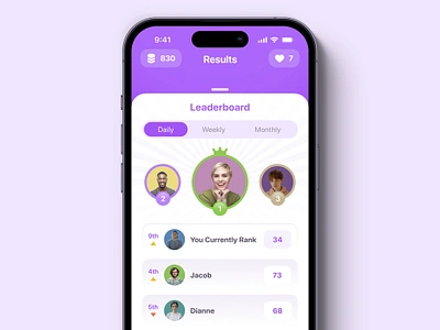 Quiz App Leaderboard Screen app clean clean design course education knowledge leaderboard learning minimal mobile app quiz ranking results school trivia ui