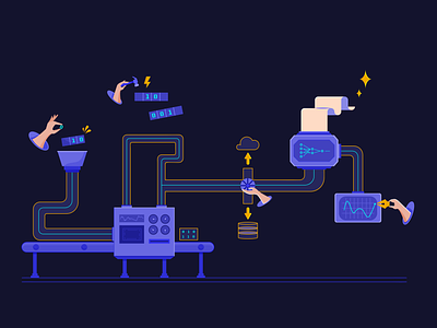 The Art of Data Engineering ai illustration blue cloud data analytics data engineering data illustration data pipeline database engineering factory flat illustration icon design landing illustration landing page sas technology illustration ui ux illustration