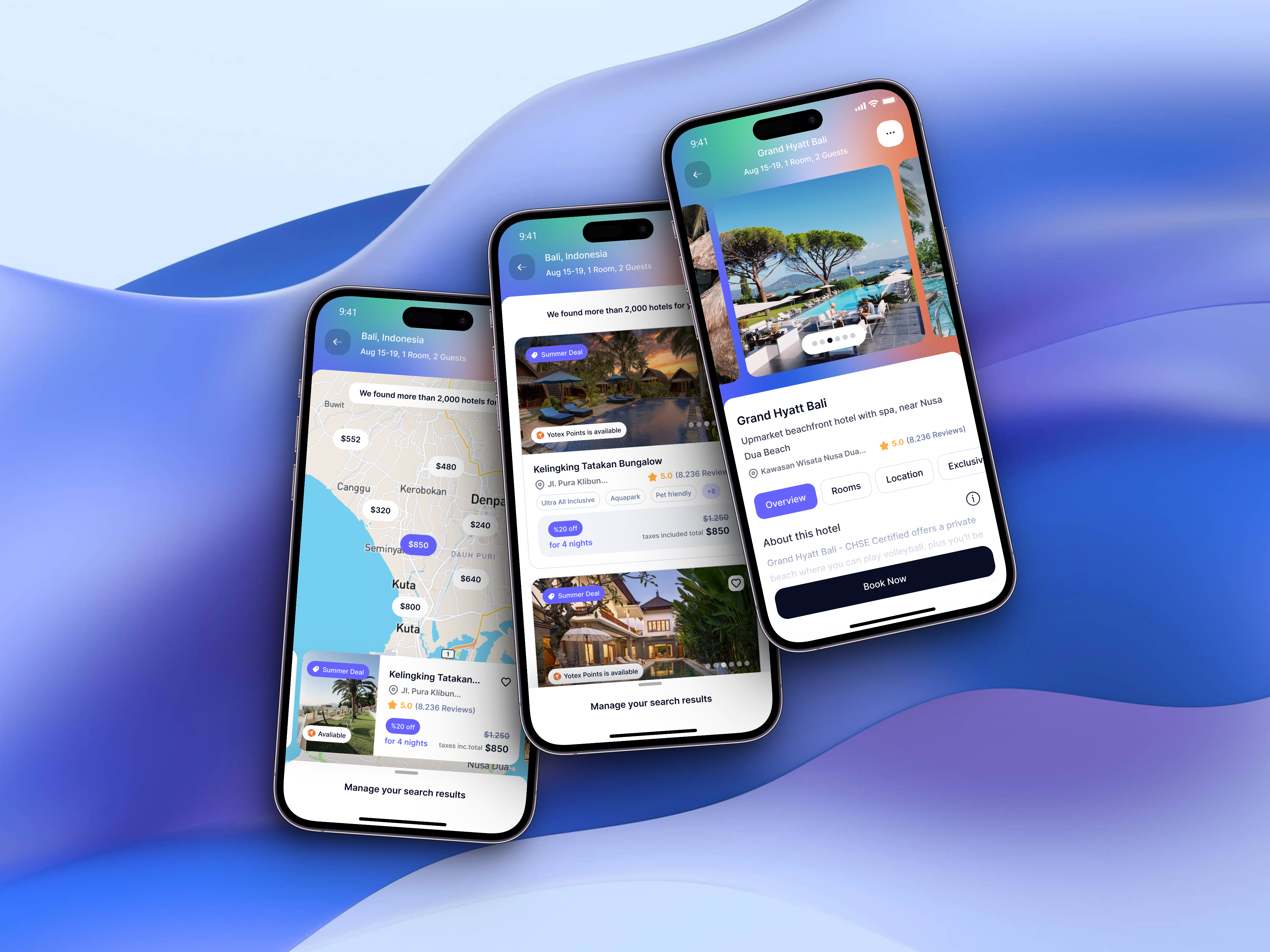 Yotex Trip Planner UI Kit - Hotel Flow app booking calendar hotel hotel booking interface map mobile mobile apps mobile ui mobileapp mobileappdesign pricing travel trip ui ui design uiux ux yotex