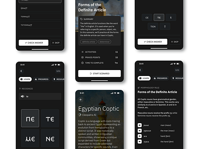 An app for learning classical languages academic app dark mode design edtech education elearning language learning languages minimal mobile app mobile design phone app school ui ui design ux