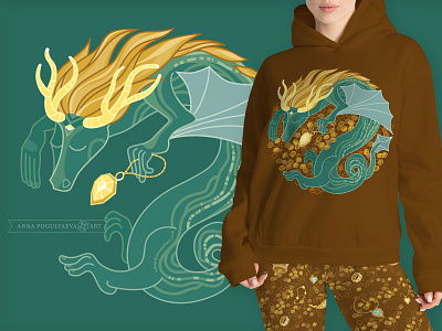 Sleeping Dragon. Print, seamless pattern for clothes and textile annapogulyaeva annapogulyaeva art complement print design dragon fabric fabric print fashion trend graphic design green dragon illustration magical character medieval character print for apparel textile design textile print treasure cave