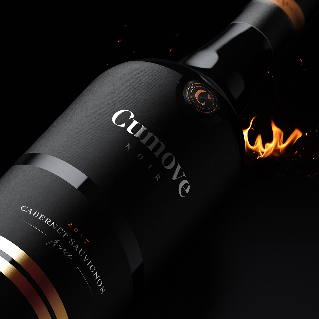 Cumove NOIR black branding black wine black wine branding bottle branding charcoal wine chracoal cumove noir fire label graphic design label design premium wine wine wine label wine label design