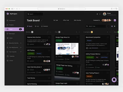 Myproject - Task Management Dashboard board card dark mode dashboard jira kanban platform project management saas slack task to do list tracking trello ui design webapp