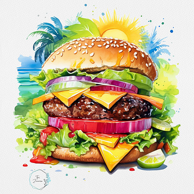 Cheeseburger in Paradise art cheeseburger food illustration paradise watercolor