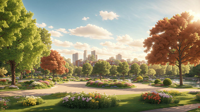 Enchanted Park: The Majestic Urban Vista 3d 3d art ai art cgi city clouds colorful environment floral flowers fountain illustration lake park river sky spring trees urban water