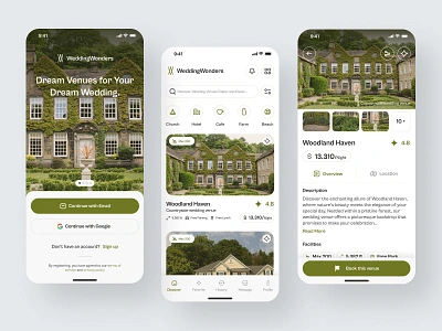 Wedding Wonders - Rent Wedding Veneue App apartement app architecture book booking building design elegant green house house rent house sale mobile property real estate rent uiux veneue venue rent wedding