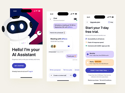 Personal AI Assitant: Mobile App 🤖 ai app assistant branding chat colors design dribbble figma illustration logo mascot meeting mobile app modern paywall personal ai pricing robot uiux