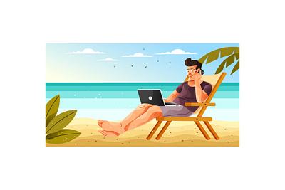 Remote Working in the Beach Illustration holiday