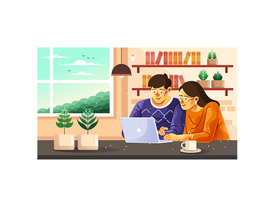 Wife and Husband Working Together Illustration love