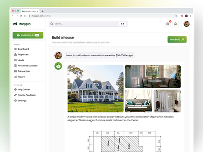 Build House with AI Pages ai ai design ai webpages budget build house with ai consult dashboard design help center house leads living room properties provide feedback report residents leases settings transaction ui vektora