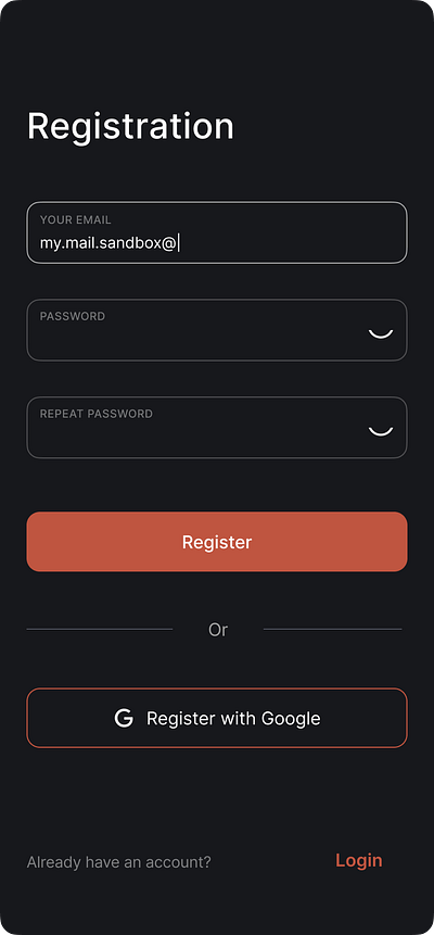 Login/Registration Form black login mobile ui orange registration sign in sign up ui ux web design