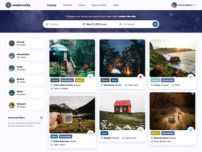 Website for camping lovers 🏕️ camping catalog figma figma design filters icon set icons illustration inspiration menu product design search travel travel website uiux uiux design visual design web design web design inspiration website