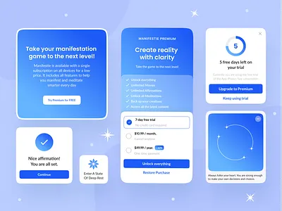 App that transforms visions into reality - Manifestie affirmation app cards design health illustration ios manifest mental mobile pricing success trial ui ux