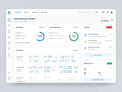 HRMS Dashboard booking checklist clean dashboard clean ui corporate office dashboard department dashboard documents status employee employee dashboard employee portal holiday list hrms live parking meeting rooms office software parking availability ui ux