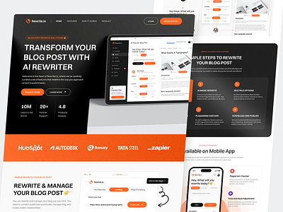 Rewriter.io - AI Rewriter Landing Page ai content editor ai copywriter ai rewriter blog blog generator blog rewriter chatbot chatgpt content writer automation copy.ai grammarly landing page mockup paraphrase quillbot rewriter blog post saas text generator text rewriter writing assistant