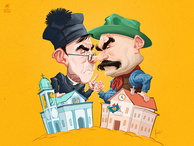 Don Camillo and Peppone art caricature comedy digitalpainting doncamillo funny illustration italy poster