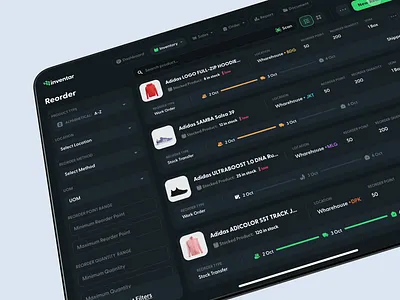 Inventar - Inventory Management - Reorder animation dashboard erp inventory management product productdesign reorder sales shipment stock transactions ui ux warehouse webdesign
