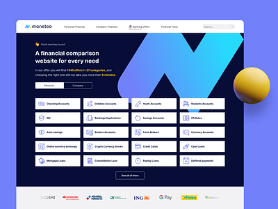 UI design for Moneteo homepage banking coin finance fintech product design ui ui design user interface