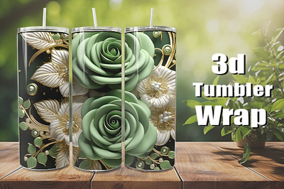 3d beautiful Green roses, with pearls, seamless Tumbler Wrap 3d background branding design graphic design