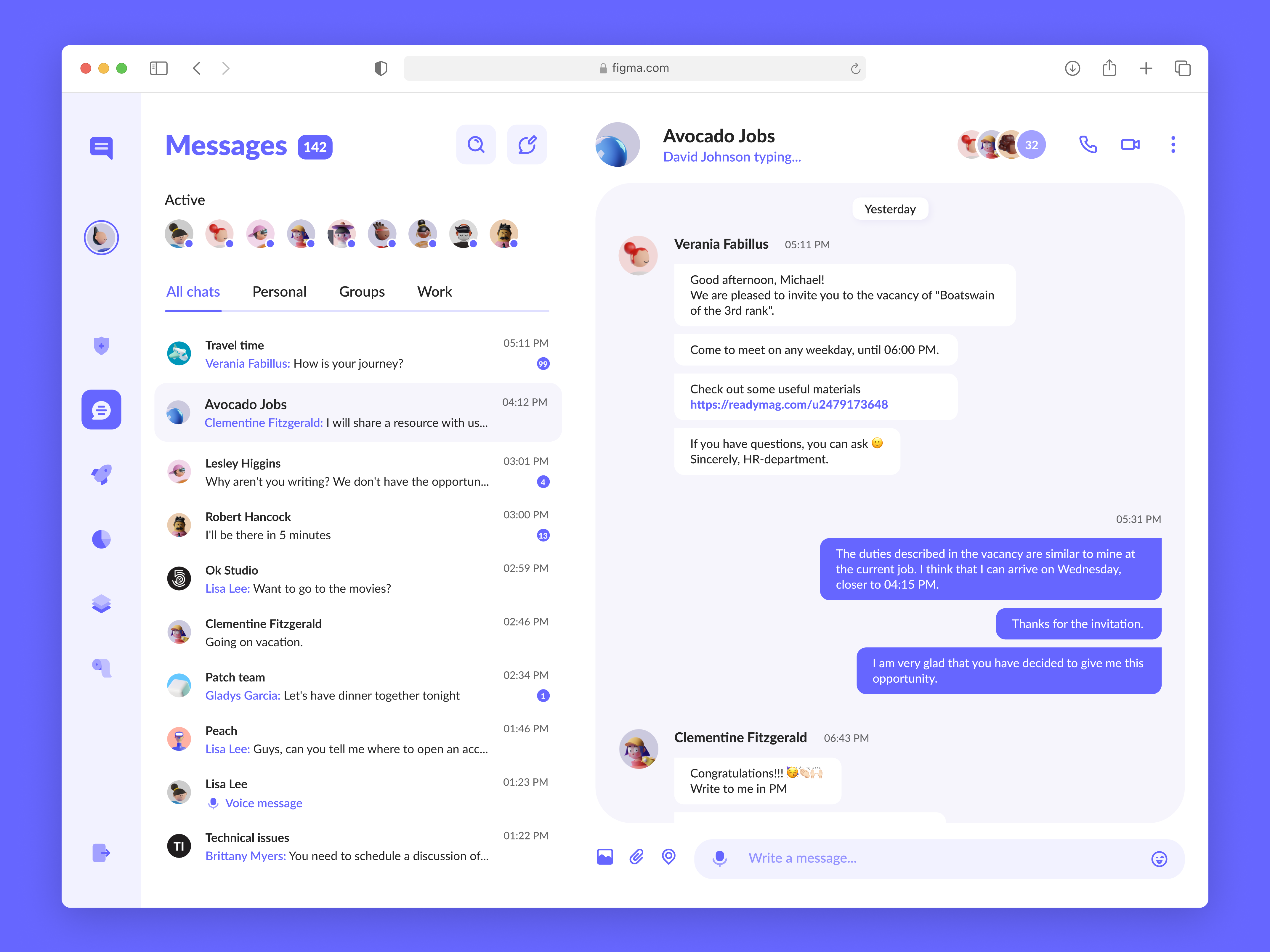 Dashboard with chat for a web browser adaptive app blue branding browser chat communicate contacts conversathion dashboard design groups logo messages panel purple ui ux web webapp