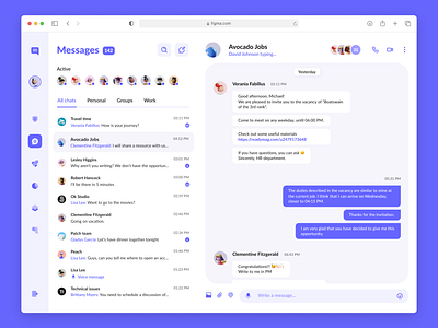 Dashboard with chat for a web browser adaptive app blue branding browser chat communicate contacts conversathion dashboard design groups logo messages panel purple ui ux web webapp