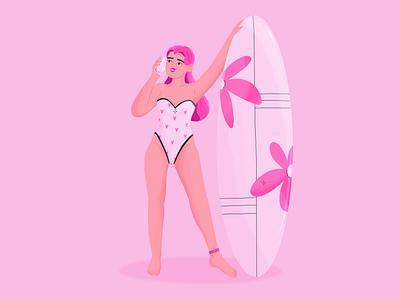 Chasing summer! 🌞 adobe illustrator app barbie beach branding cartoon character flat girl graphic design illustration pink summer summer vibe surfgirl surfing ui vector