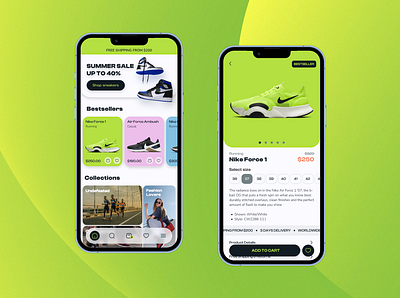 Sneakers Online Store App Concept animation e commerce figma green iphone app mobile app mobile concept mobile navigation online shopping online store concept product page shopping app shopping application sneakers sneakers app ui ux