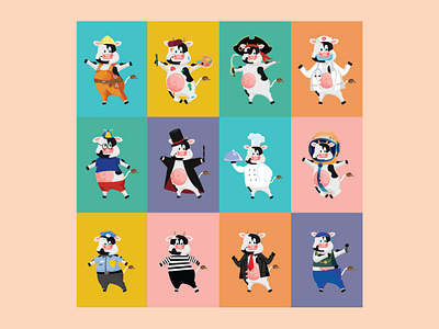 Cow Character, different Professions artst astronaut businessman character design chef cook cow doctor engineer graphic design illustration interesting magician nerd pirate policeman prisoner proffesions rapper vector design