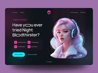Gaming Landing Page Freebie cyberpunk dark desktop figma game gamer girl gaming gaming club gaming ui hero section landing page modern neon ui website