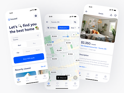 Housed - Real Estate Search App app filters listings mobile app real estate rentals search ui ux