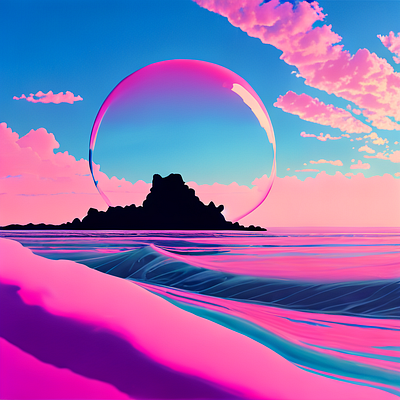 bubble island 80年代 graphic design pop art vaporwave 插图 日落 海滩 高对比