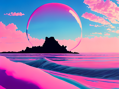 bubble island 80年代 graphic design pop art vaporwave 插图 日落 海滩 高对比