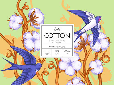 COTTON - patterns & motifs animals birds botanical branding clipart design drawing dried flowers fabric floral flowers graphic design hand drawn illustration pattern pattern design seamless pattern swallows textile wallpaper