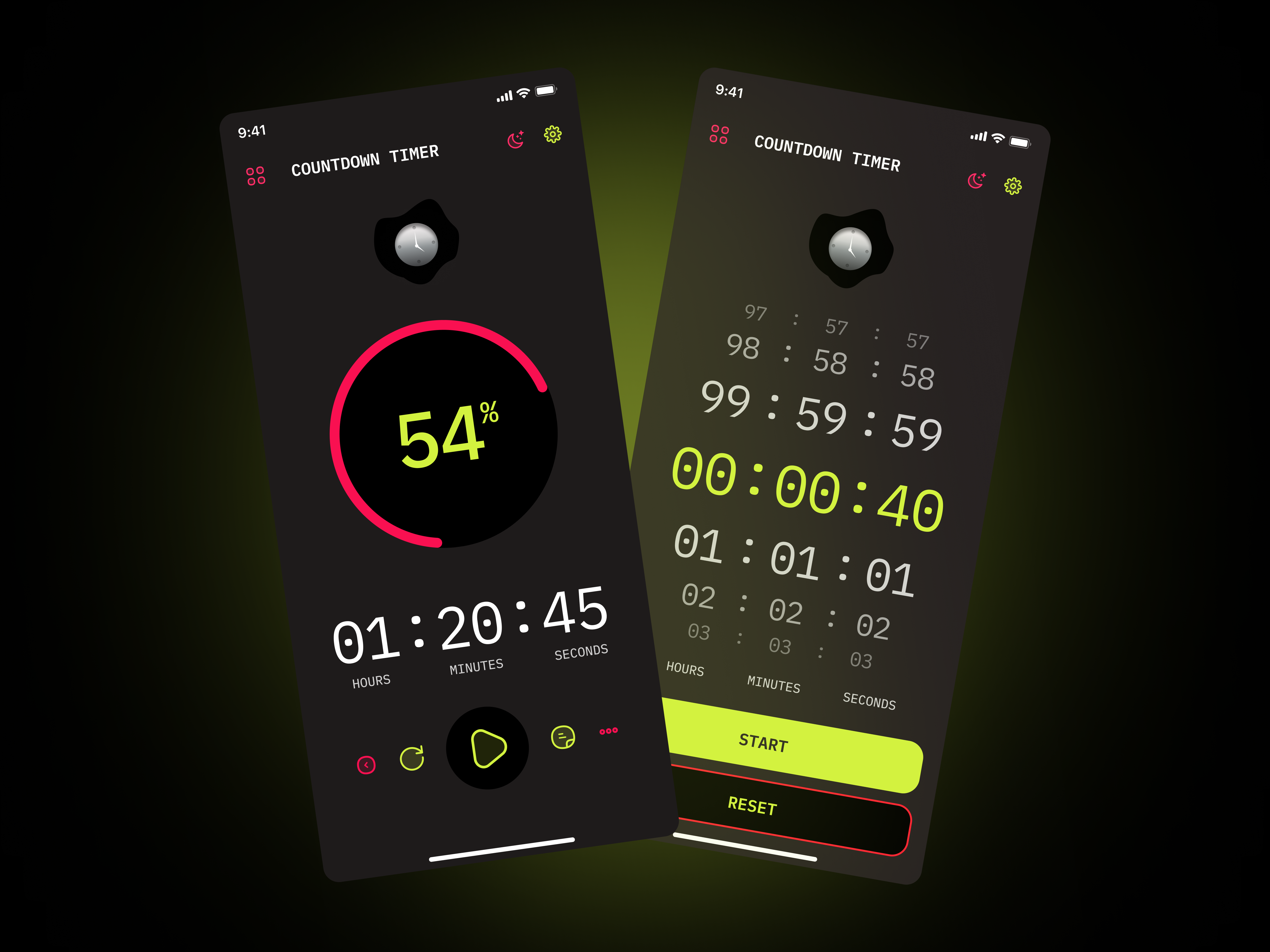 Countdown timer app app black branding controls countdown dark design green illustration logo mobile mono monospace neon timer toxic typography ui ux visual