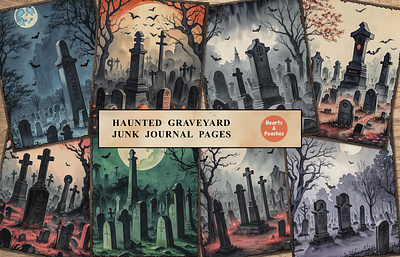 Free Haunted Graveyard Junk Journal Pages creepy halloween design digital art digital download ephemera printable fall ghost halloween graphic design graveyard halloween halloween ephemera halloween junk journal kit halloween junk journal pages halloween landscape haunted illustration pumpkin spooky spooky ghost watercolor